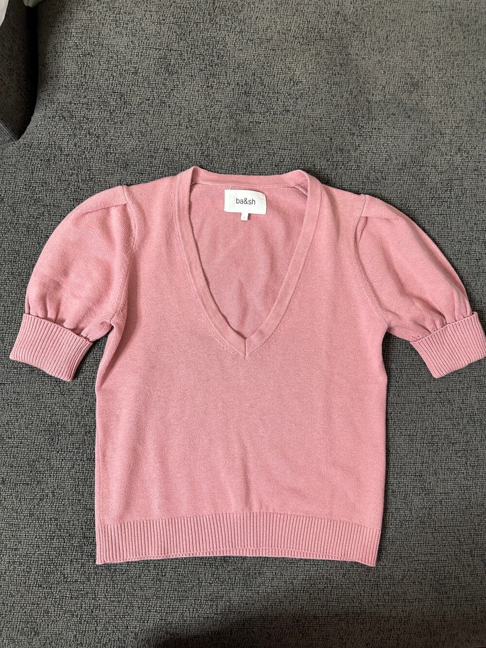 ba&sh Mathis V-Neck Puff Sleeve Wool Cotton Knit Sweater size S Dusty Rose Pink